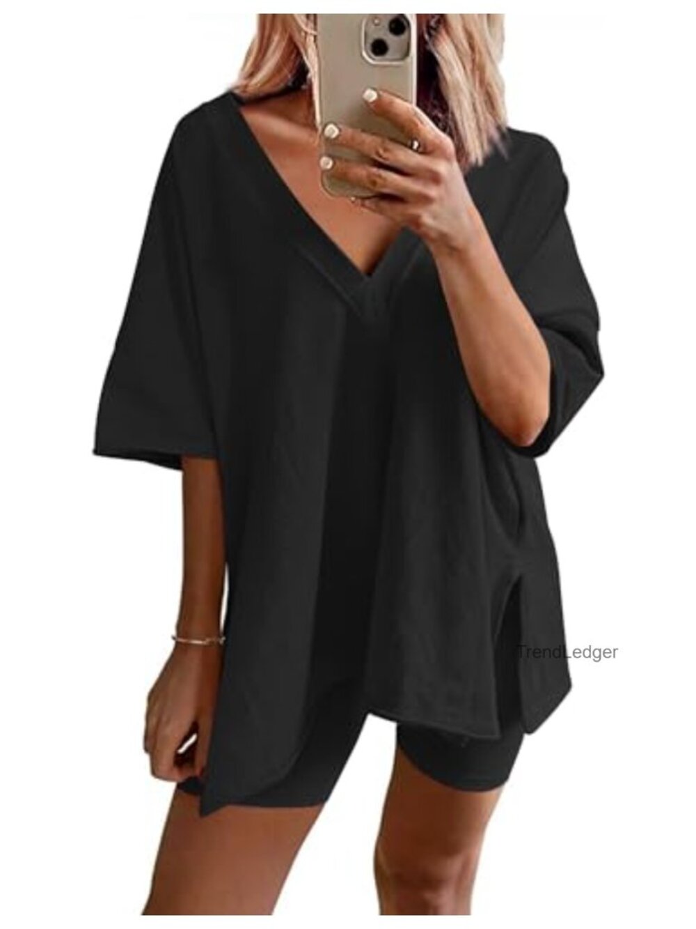 Oversized Reversible V Neck Top Biker Short Set Loungewear